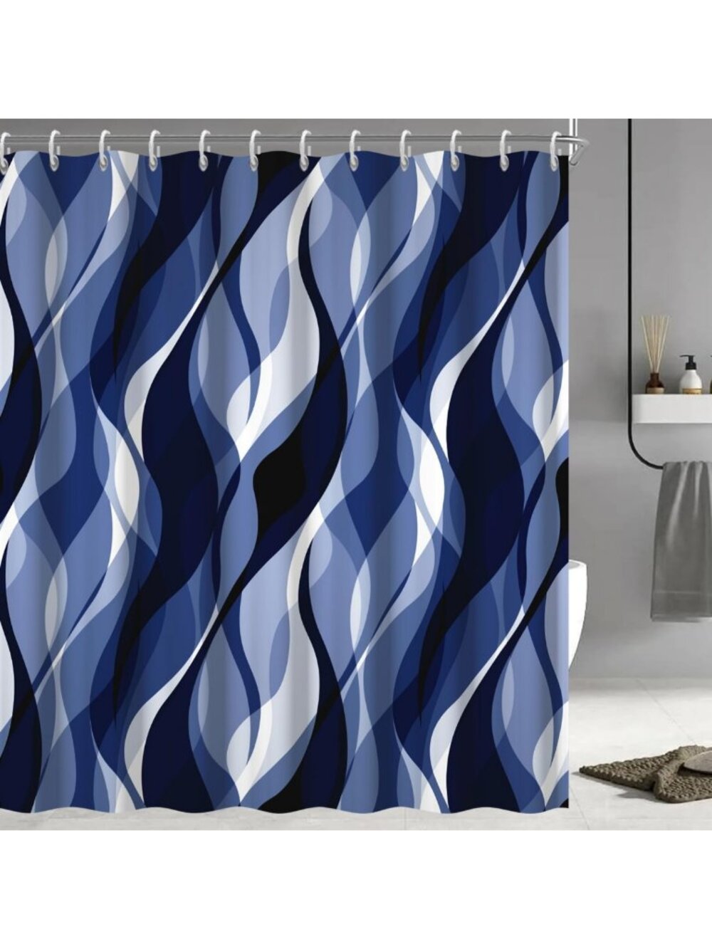 Navy Blue Striped Bathroom Shower Curtain with Hooks, 72x72 Inch, Waterproof